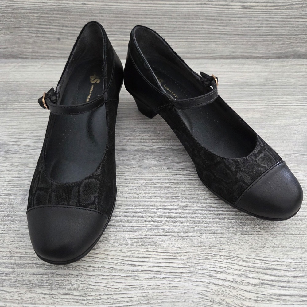 SAS Mary Jane Pumps Black Animal Print Leather Low Heel Womens 8.5 W